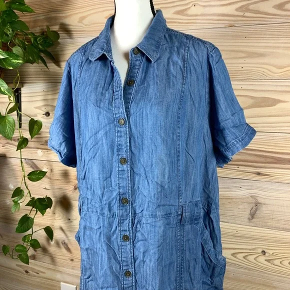 Lands End Shirt Dress Womens 2X Blue Denim Lyocell Button Front Midi Chambray - Picture 2 of 9